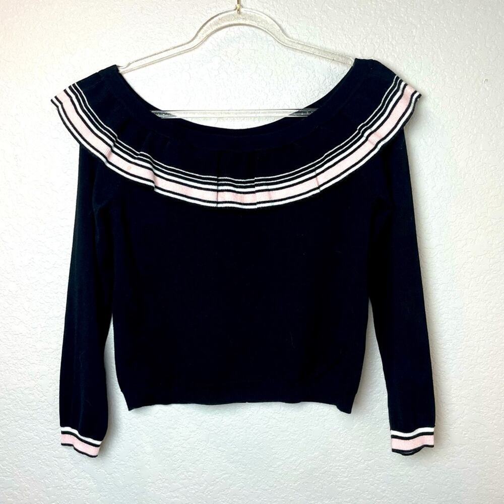 DIVIDED H&M Black Off the Shoulder Ruffle Fitted Sweater Size M